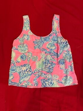 Lilly Pulitzer 100% silk Pink and blue Multicolor Shell-Print Tank Classic